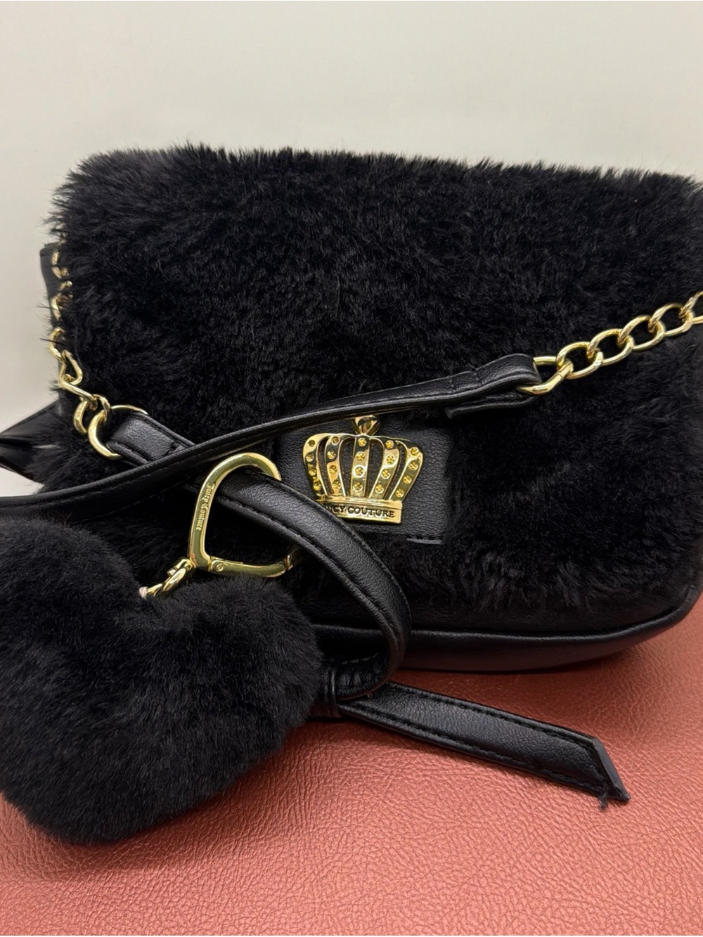Juicy Couture Black Faux Fur Crossbody with Gold Crown Hardware